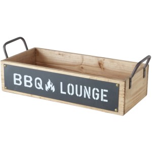 Schwarzes Deko-Tablett Conny von Boltze aus Holz mit BBQ Lounge Aufdruck und Metallgriffen.
