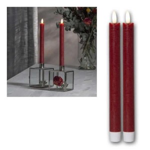 Rote LED Stabkerzen im 2er Set aus Echtwachs mit warmweißer Flamme, 25cm hoch, für stimmungsvolle Beleuchtung.