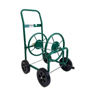 Grüner TRUTZHOLM Schlauchwagen Basic mit 4 Rädern aus Stahl für Gartenschläuche bis 50m.