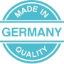 Siegel "Made in Germany Quality" in türkis-weiß.
