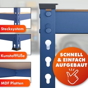 Detailansicht blaues KARAT Schwerlastregal Rhino: Stecksystem, Füße, MDF-Platten, schneller Aufbau.