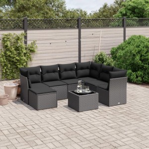 Schwarze 8-tlg. vidaXL Garten-Sofagarnitur aus Poly Rattan mit Kissen im Garten.