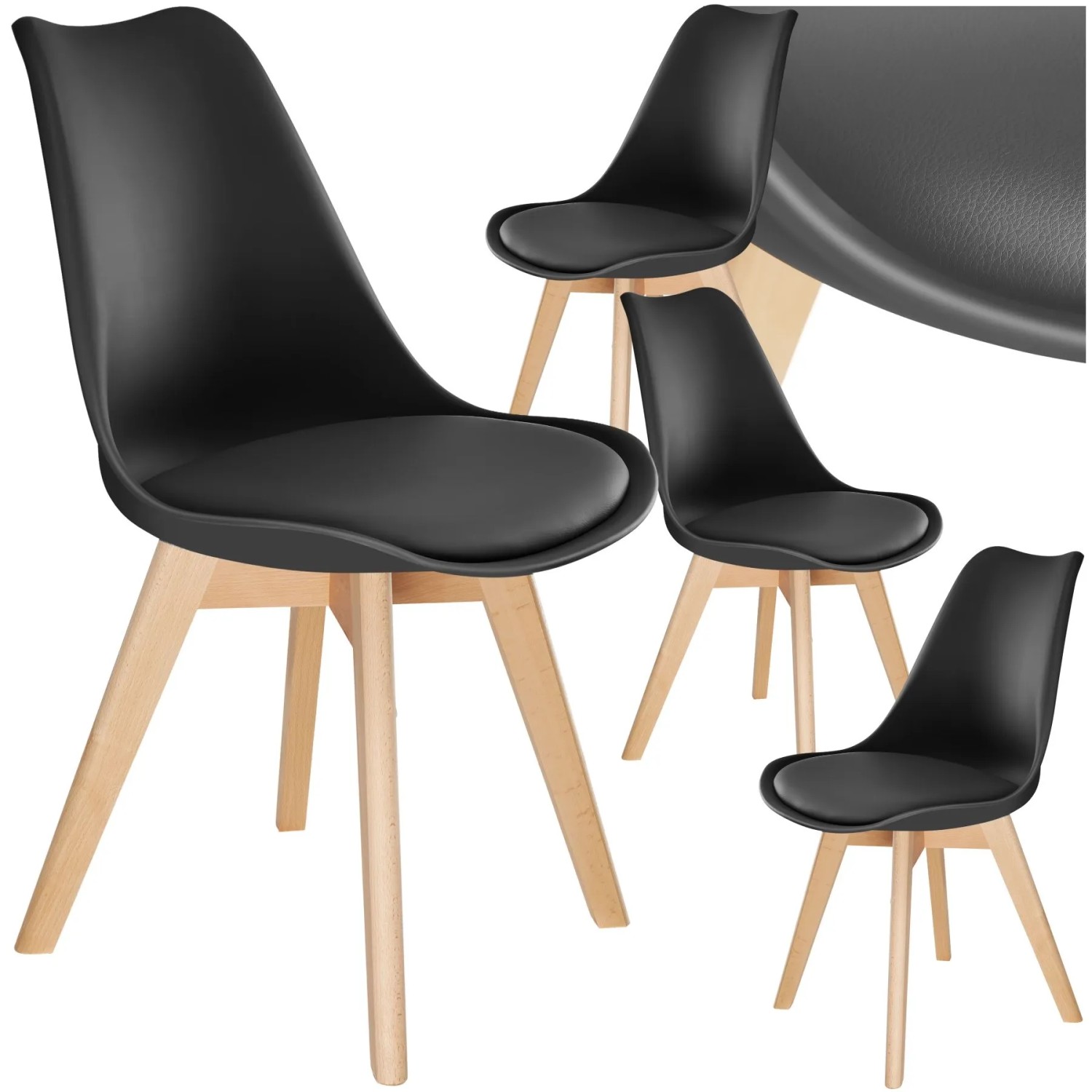Tectake Set Esszimmerstuhl Frederikke Scandi Design Gepolsterte Sitzfläche  Ergonomische Form 4Er Set 53 x 49 x 82 cm Schwarz