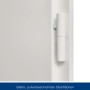 Detailansicht: Weiße Hörmann ZK Tür mit Drückergarnitur und Scharnier.