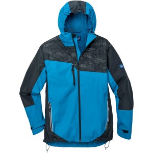 Scheibler Regenjacke Amper in Royalblau-Schwarz, wind- und wasserdicht, mit Kapuze und reflektierenden Details.