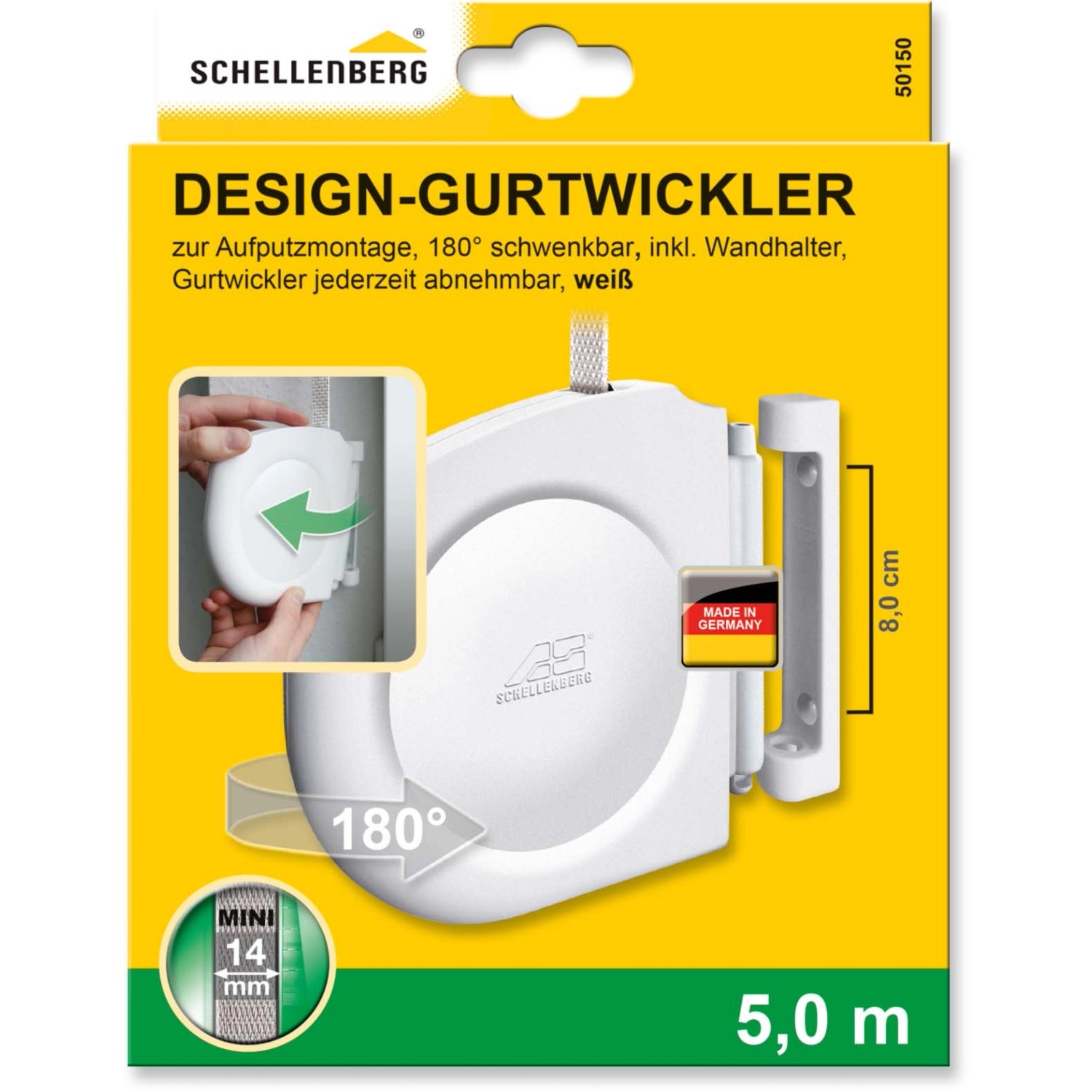 Schellenberg Design-Gurtwickler Mini, weiß, mit grauem Rollladengurt. Rollladenantrieb für Mini-Rollladen.