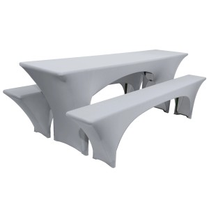 Beautissu Victoria Biertischhusse 3-teilig, Stretch, Silber Grau für Festzeltgarnitur.