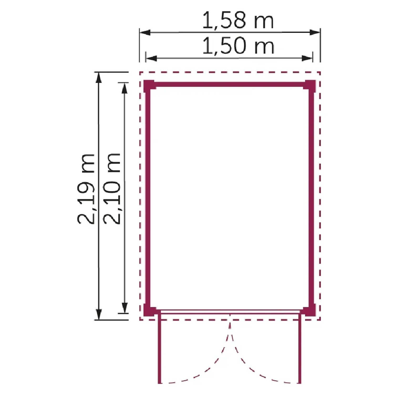 Grundriss Kiehn-Holz Gerätehaus KH 19-001, 150x210 cm, Maße für Holz-Gartenhaus.