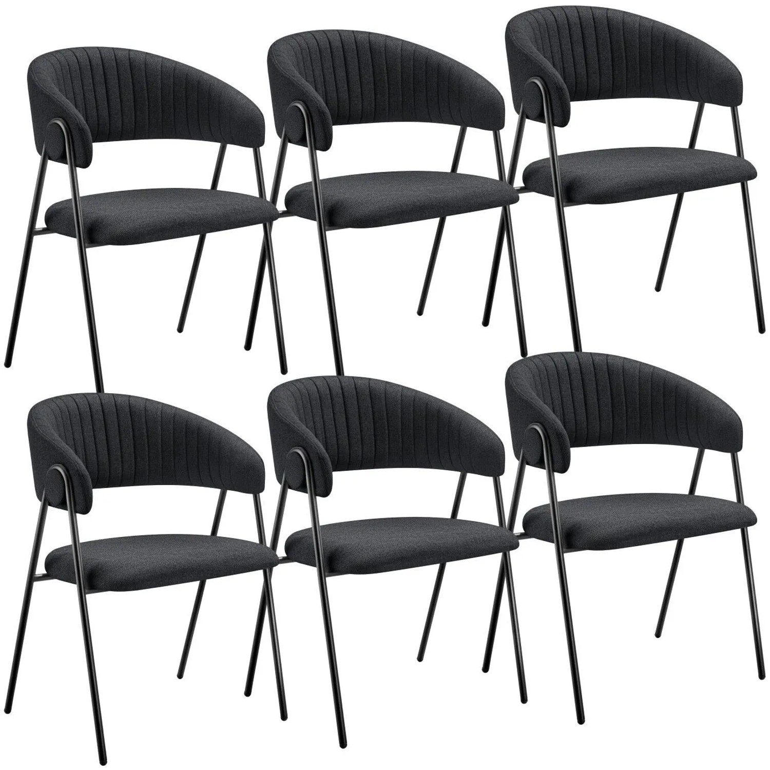 Tectake Armlehnstuhl Bedano Webstoff  Gepolstert Durchgehende Lehne In C Form Mit Steppmuster 6Er Set 58 x 60 x 85 cm Schwarz
