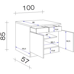 Skizze: Flex-Well Unterschrank Lucca, 100 cm breit, mit Schubladen, Türen und Maßen.