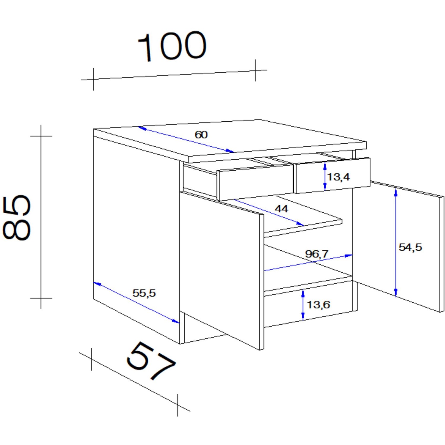 Skizze: Flex-Well Unterschrank Lucca, 100 cm breit, mit Schubladen, Türen und Maßen.
