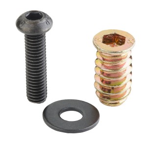 Schraubenset: schwarze M8x30 Schraube, Unterlegscheibe, goldene M8x24 Gewindemuffe. Für Möbel & Holzverbinder.