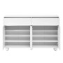 Weißes Merax Sideboard mit geschwungenen Türen, 2 Schubladen, 4 offenen Türen mit verstellbaren Regalen und Metallfüßen.