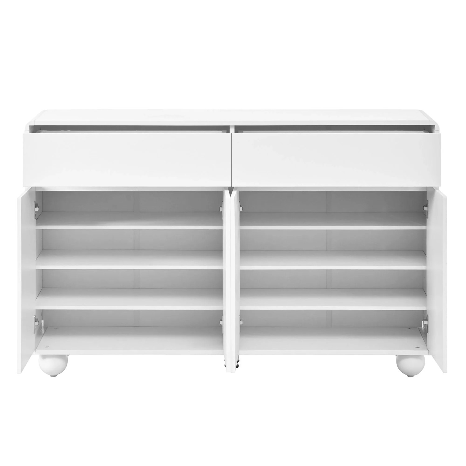 Weißes Merax Sideboard mit geschwungenen Türen, 2 Schubladen, 4 offenen Türen mit verstellbaren Regalen und Metallfüßen.
