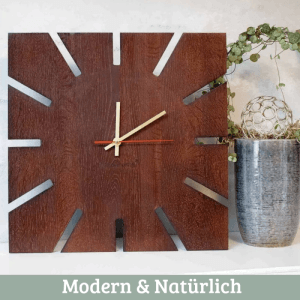 DELUKE Wanduhr Groß Holz SUN HANDGEFERTIGT 29x29cm Eiche Massiv Geräuschlos Wohnzimmeruhr Holz-Metalloptik Küchenuhr Dekouhr