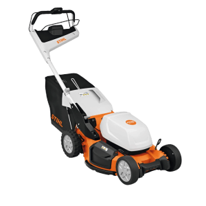 Stihl Akku-Rasenmäher RMA 756 V in Orange-Grau mit schwarzem Fangkorb. Robuster Rasenmäher für Gartenpflege.