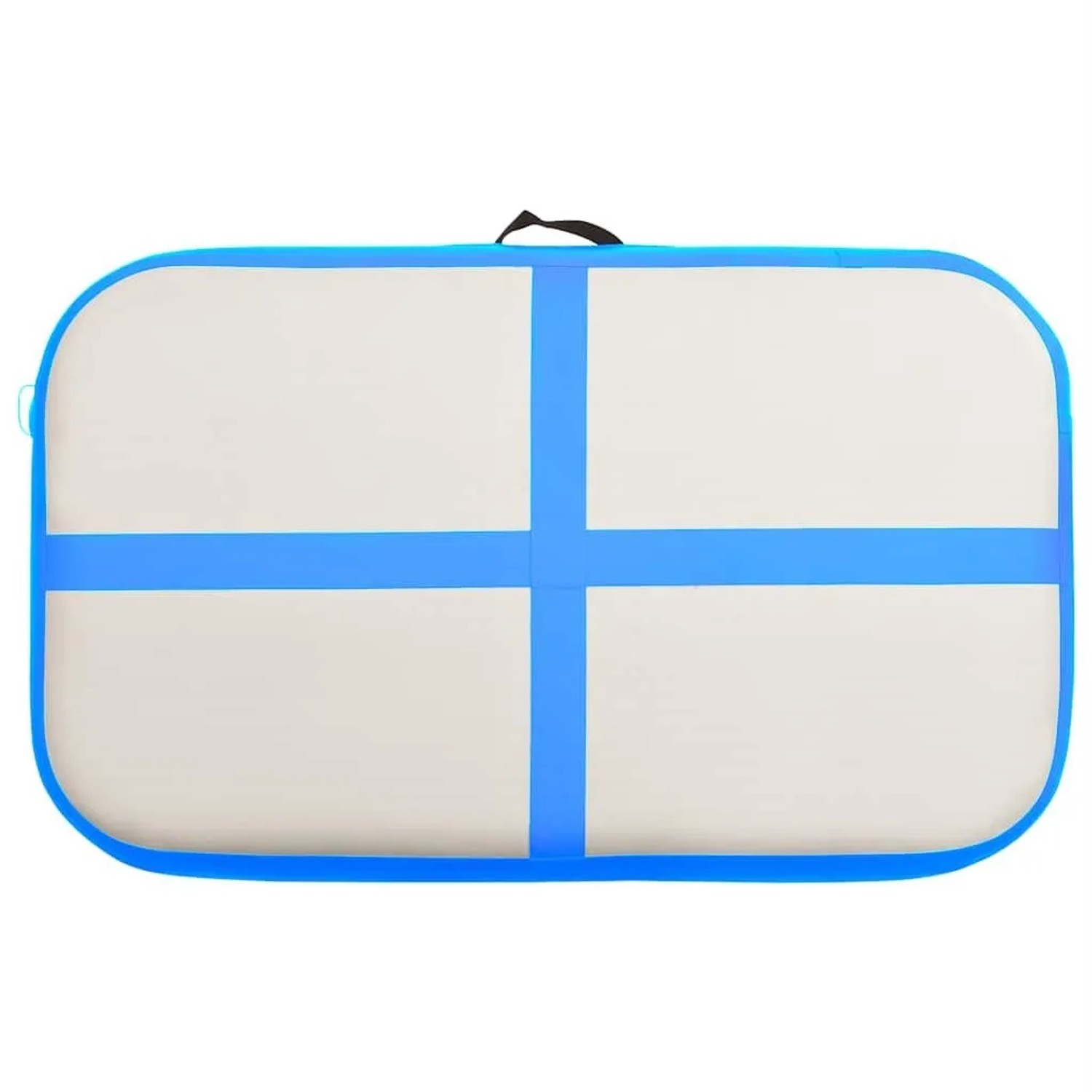 Blaue und hellgraue aufblasbare Gymnastikmatte aus PVC mit abgerundeten Ecken. Ideal für Sport & Fitness.