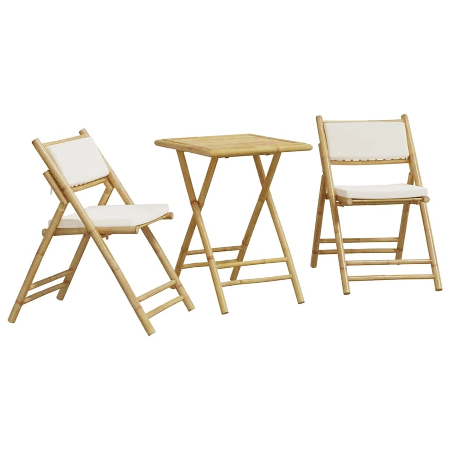 vidaXL 3-Tlg Bistro-Set Klappbar mit Cremeweißen Kissen Bambus 3208933