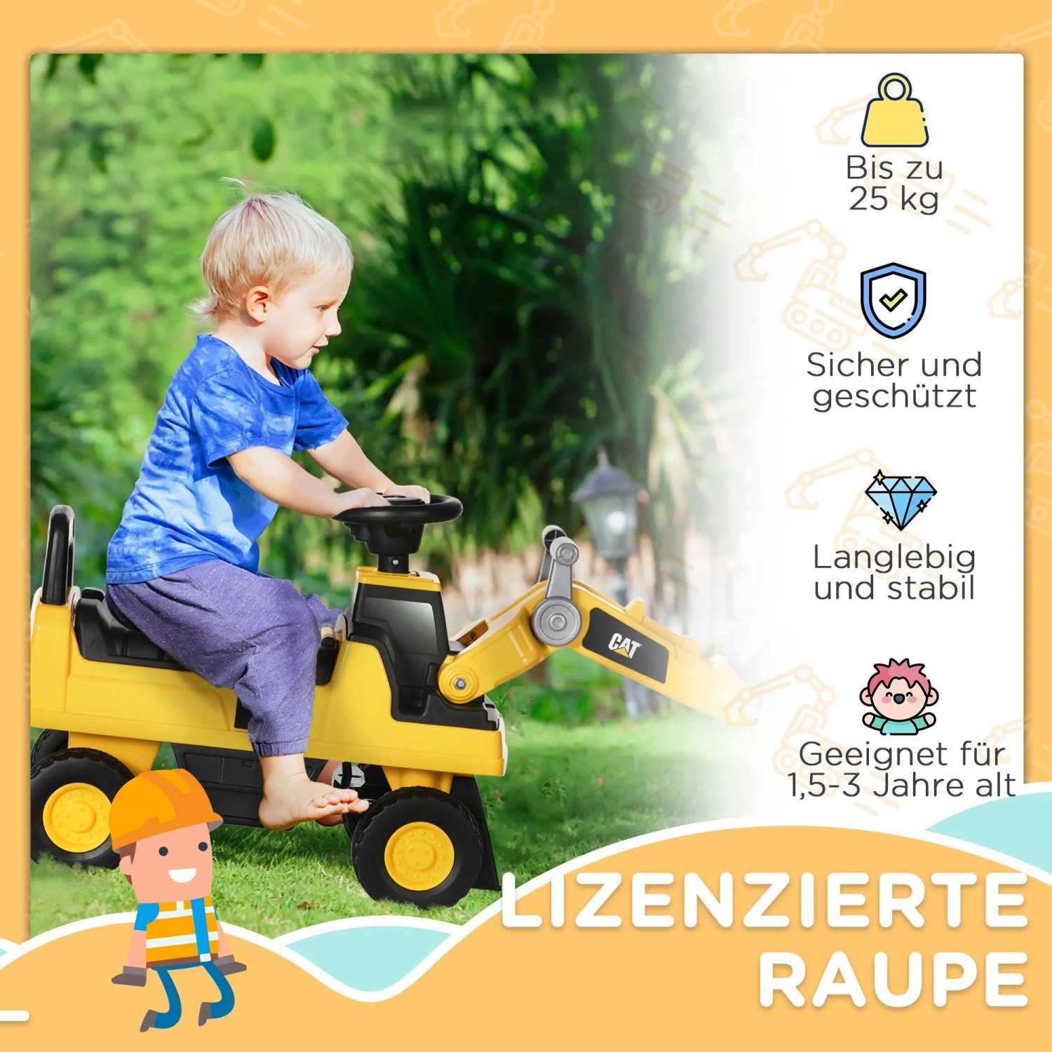 Kind fährt gelben HOMCOM Sitzbagger mit beweglicher Schaufel im Garten. Ideal für kleine Baumeister von 1,5-3 Jahren.
