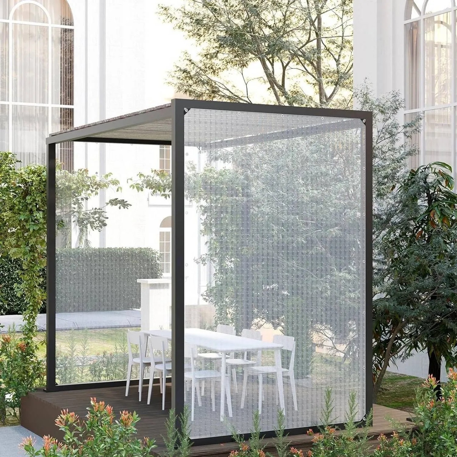 WOLTU Abdeckplane 3x6m, grau, PE-Gewebeplane mit Ösen, als Windschutz für eine Terrasse mit Tisch und Stühlen.