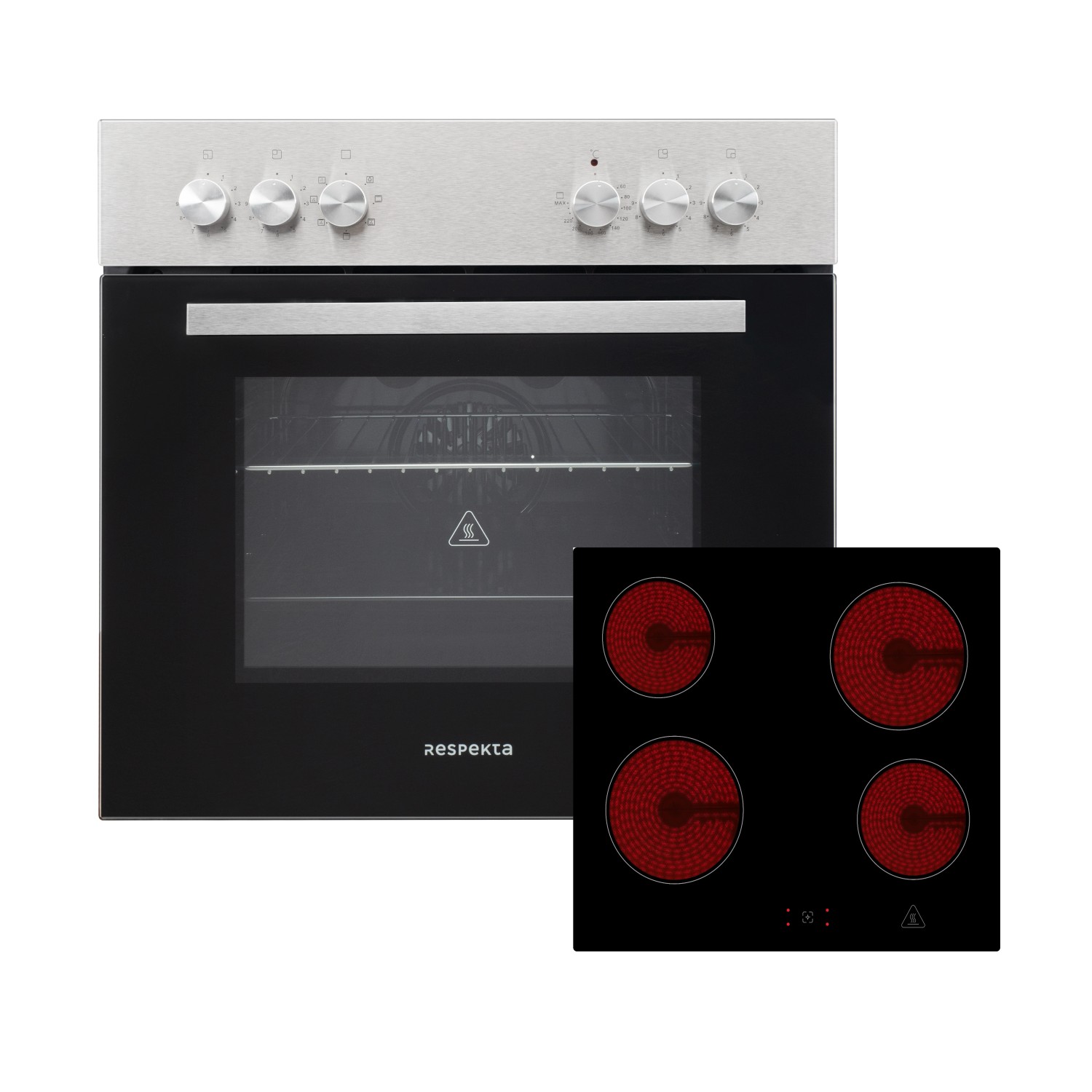 Respekta Einbauherd-Set mit Glaskeramikkochfeld für Küchenzeile, silberfarben und schwarz.