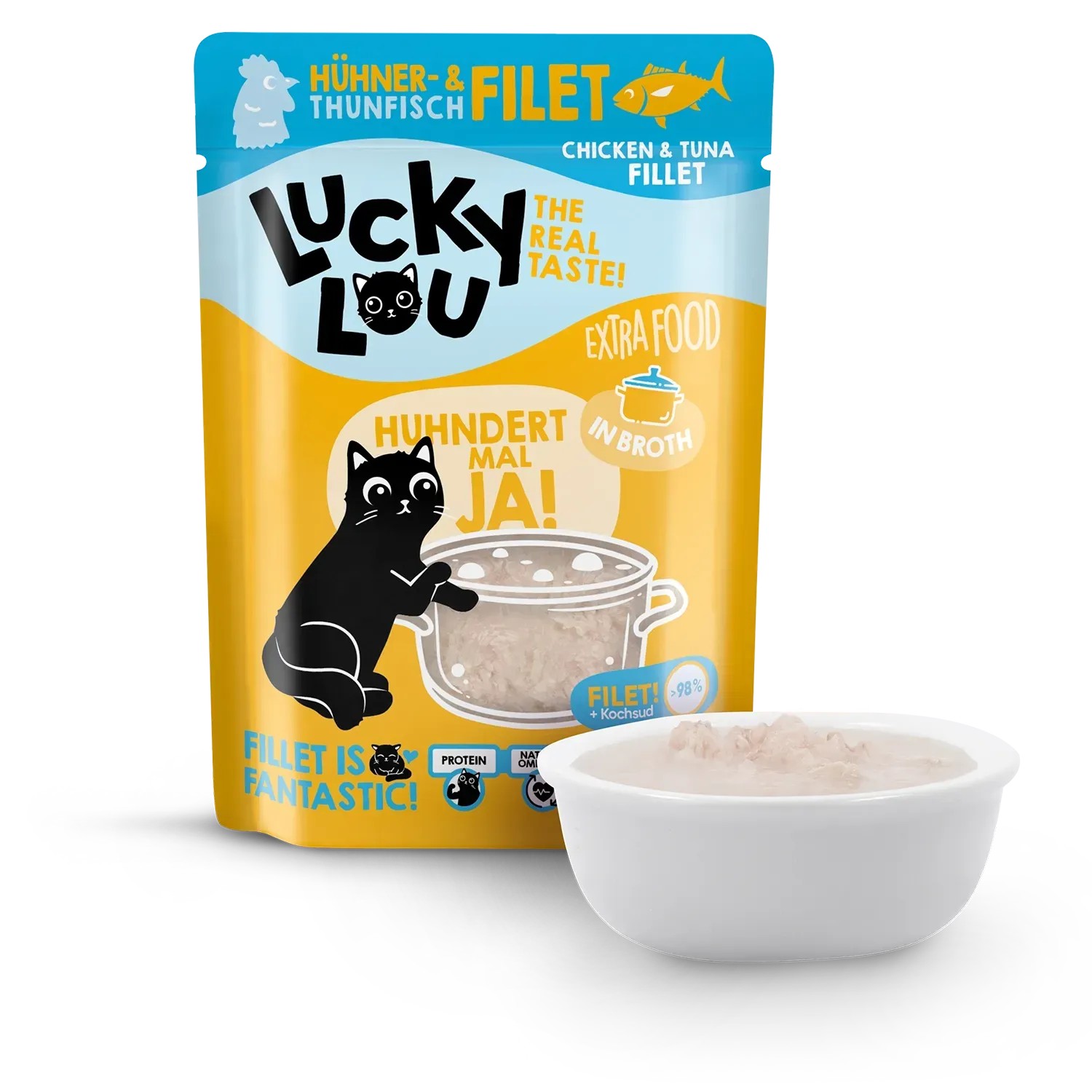 Lucky Lou Katzen-Nassfutter Hühnchen & Thunfisch in Broth, serviert in einer weißen Schale.