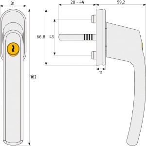 Abus Fenstergriff FG210 W, abschließbar, 3er-Set, Maße in technischer Zeichnung dargestellt.