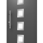 Moderne anthrazitfarbene Aluminium Haustür mit vier quadratischen Glaseinsätzen und Edelstahlgriff.