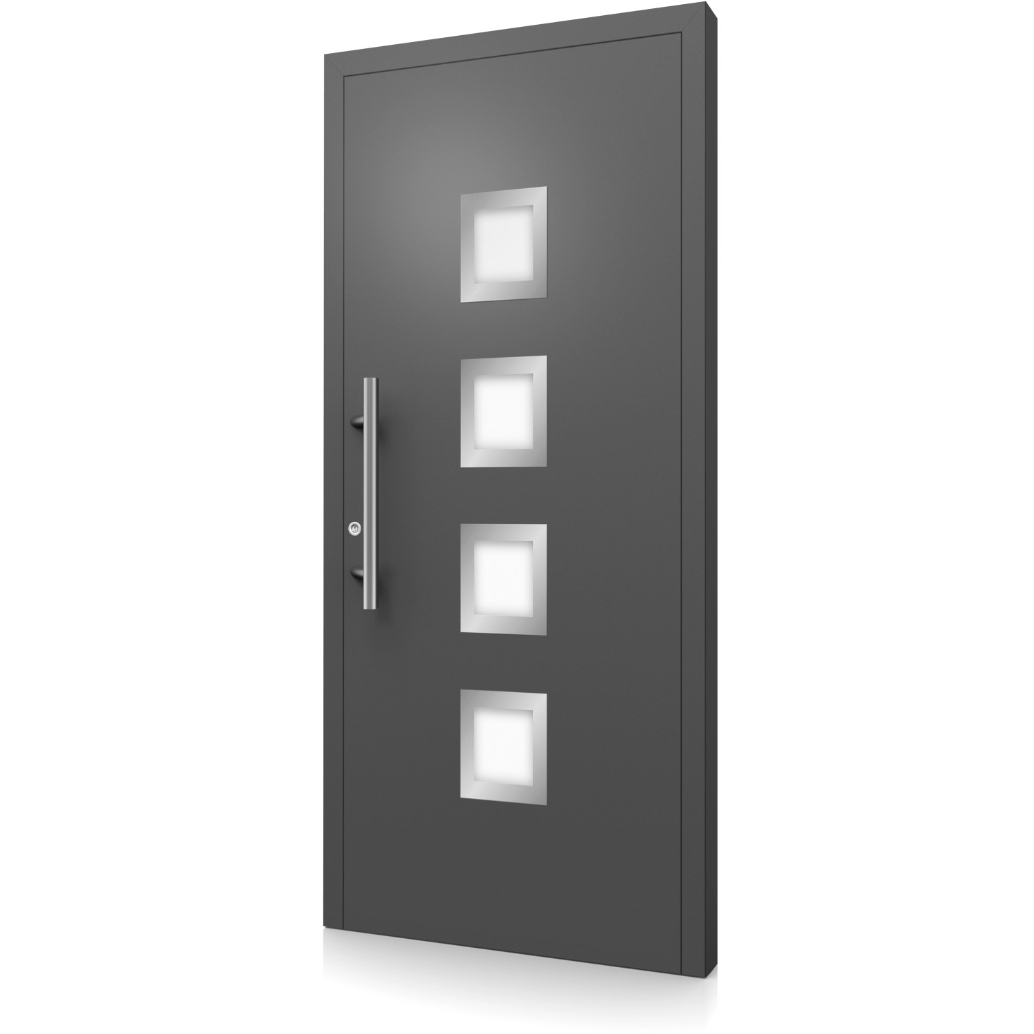 Moderne anthrazitfarbene Aluminium Haustür mit vier quadratischen Glaseinsätzen und Edelstahlgriff.