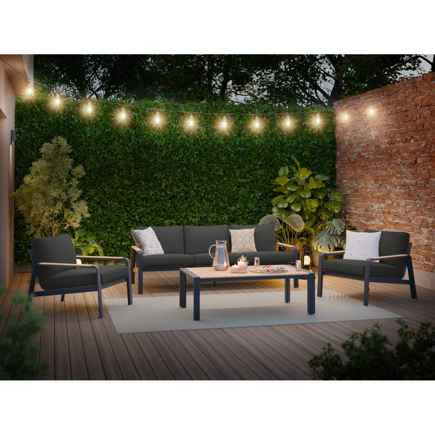 4-teiliges Lounge-Set Branford in Anthrazit/Beige mit Tisch, Bank und Sesseln für Garten/Terrasse.