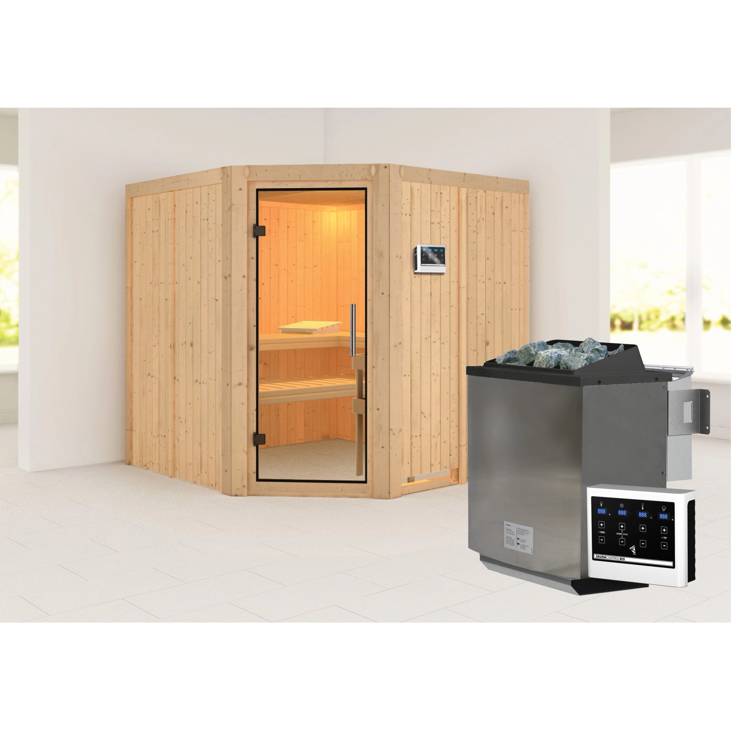 Karibu Sauna Jorma mit Bio-Ofen externe Stg.Easy Natur