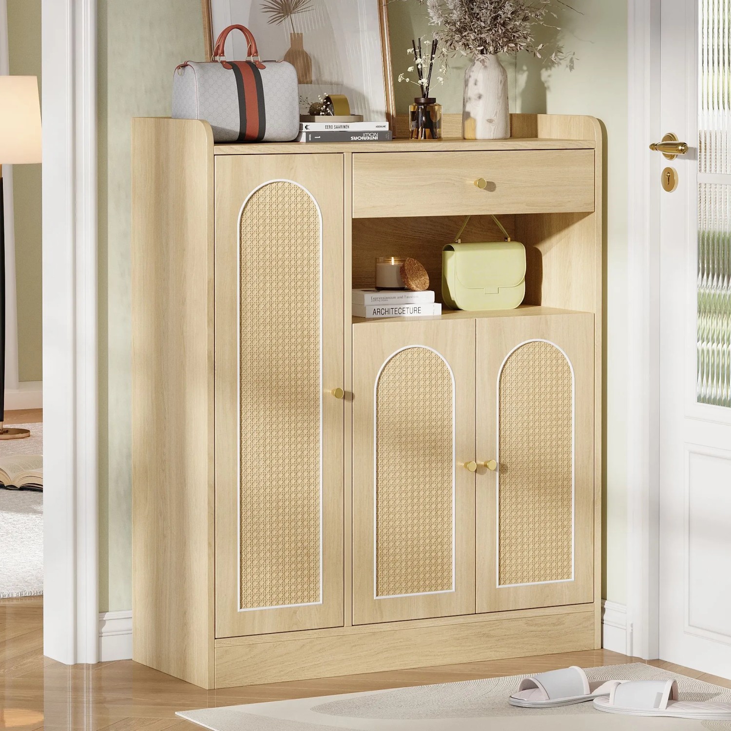 Merax Rattan Schuhschrank, naturfarben, 3 Türen mit Rattan-Optik, Schublade. Heller Holzschrank für Flur.