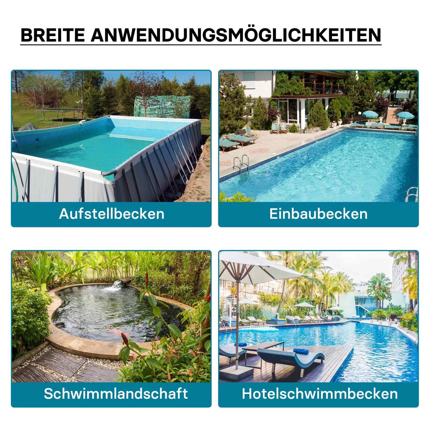 Anwendungsbereiche der Sandfilteranlage: Aufstellpool, Schwimmbecken, Schwimmteich und Hotelpool.