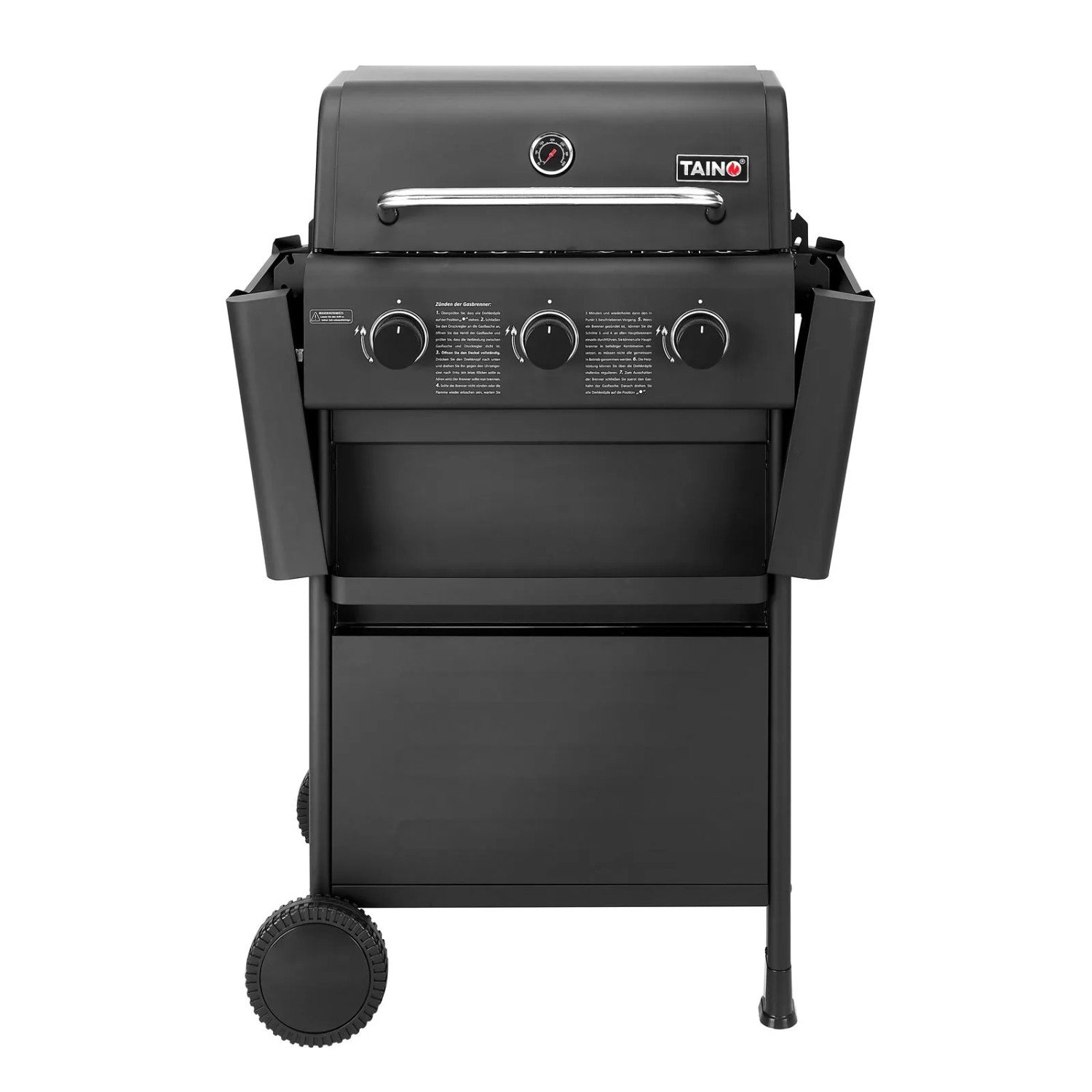 Schwarzer Taino Compact 3+0 Gasgrill mit 3 Brennern, klappbaren Seitenablagen und Thermometer. Ideal für Balkon & Terrasse.
