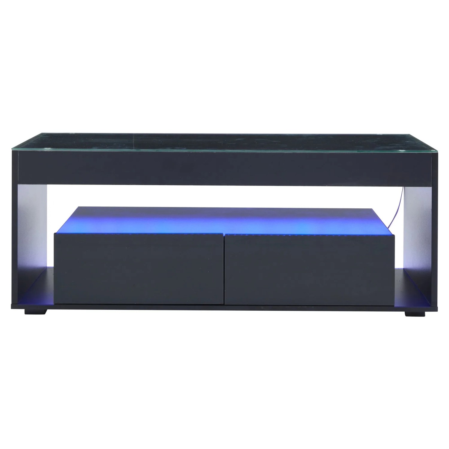 Merax Couchtisch Hochglanz mit LED 2 Schubladen Glasplatte Schwarz