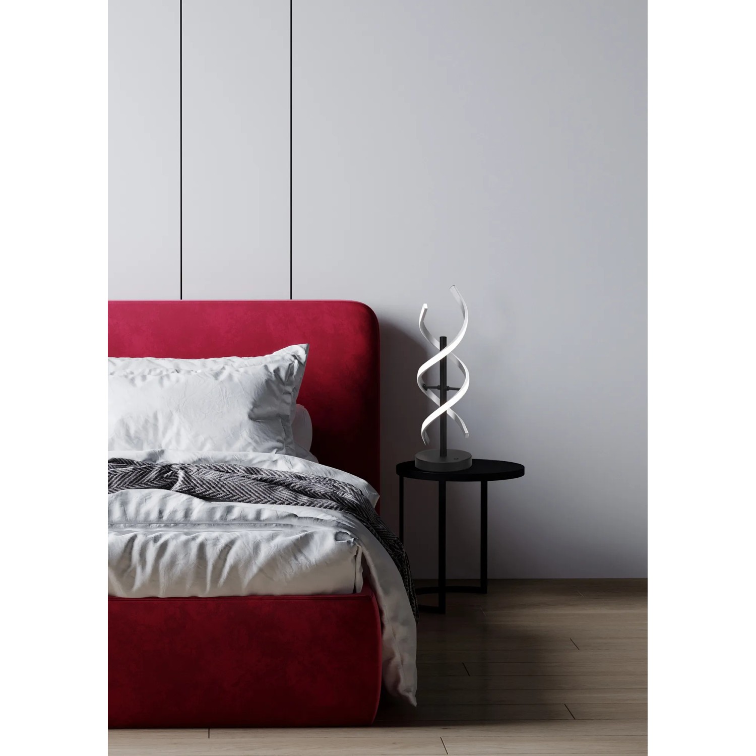 Trio Tischleuchte Sequence, gebürstetes Aluminium, auf Nachttisch im Schlafzimmer.