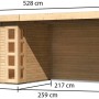 Karibu Holz-Gartenhaus Sölve, unbehandelt, mit Flachdach und Maßangaben.