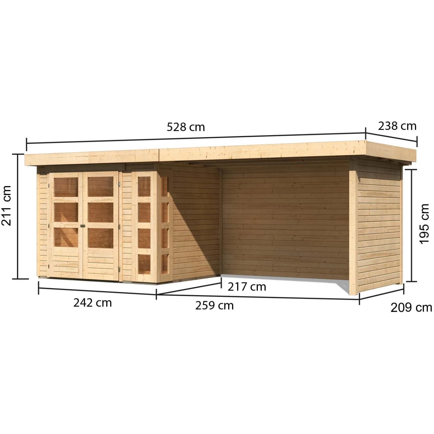 Karibu Holz-Gartenhaus Sölve, unbehandelt, mit Flachdach und Maßangaben.