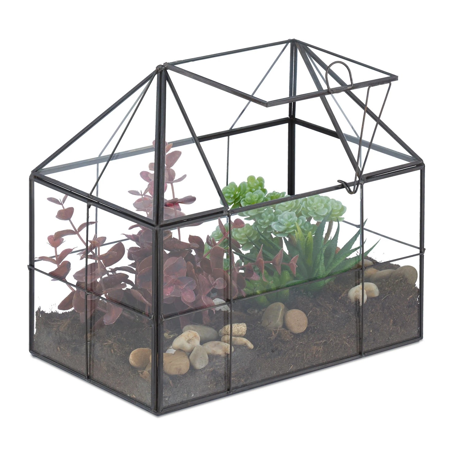 Relaxdays Pflanzenterrarium Glas Schwarz Hausform 21 cm x 23 cm x 14 cm 1,1 kg