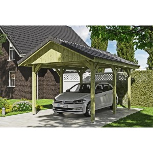 Grüner Satteldach-Carport Wallgau mit Dachlattung und Auto. Einzelcarport aus Holz mit sechs Pfosten.