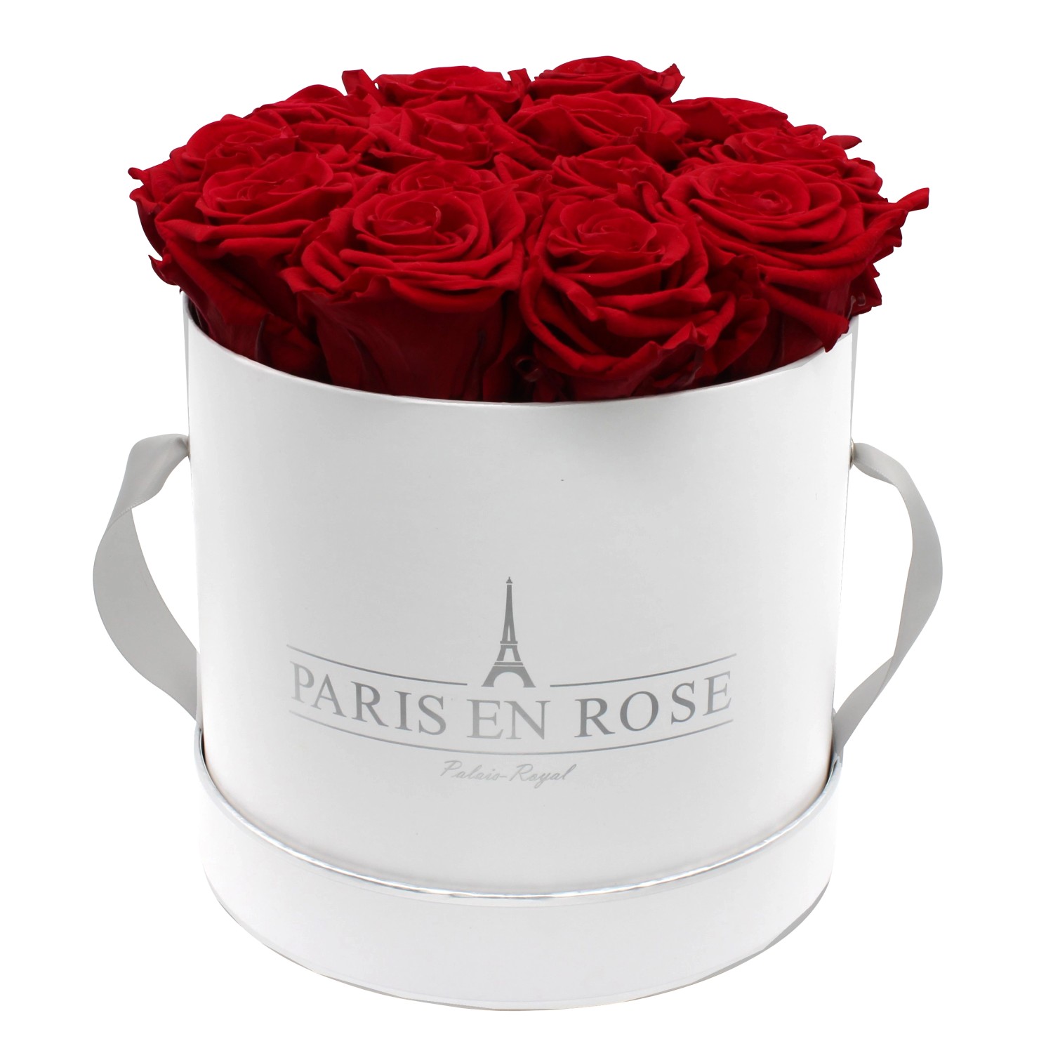 Rosenbox Ø 19 cm Weiß-Silber mit 14 Bordeaux Rosen