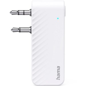 Weißer Hama Bluetooth Audio Transmitter mit zwei AUX-Steckern für Flugzeuge.