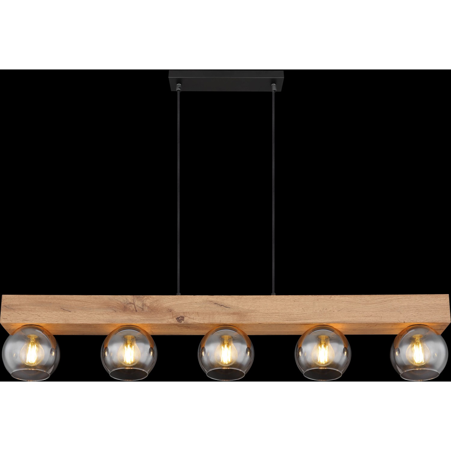Moderne Globo Pendelleuchte Moitas, 5-flammig, schwarz matt mit Rauchglas-Schirmen und Holzoptik.