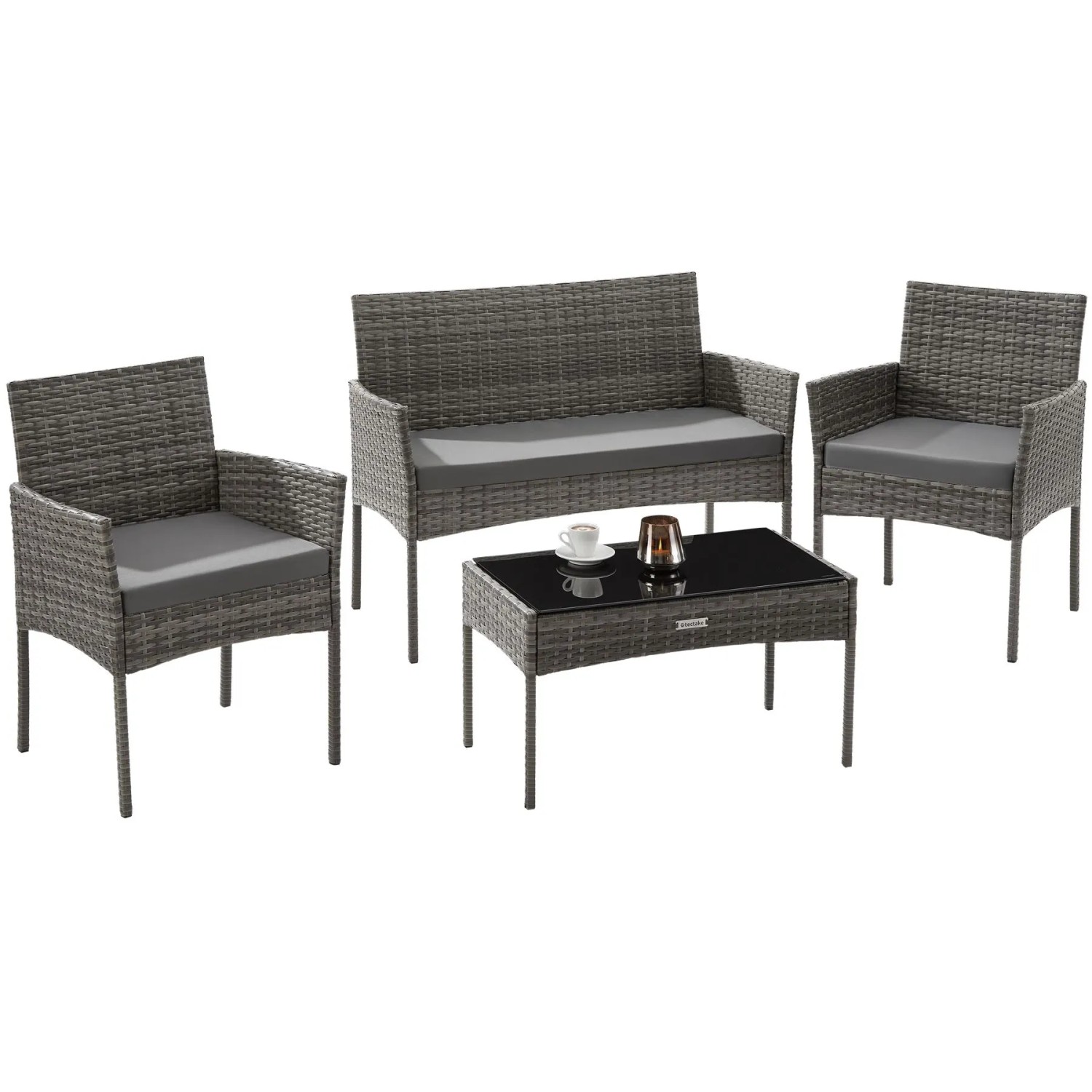 Tectake Rattan Gartenset Palese Für 4 Personen Wasserabweisende  Abnehmbare Polyesterbezüge  57 x 104 x 79 cm Grau