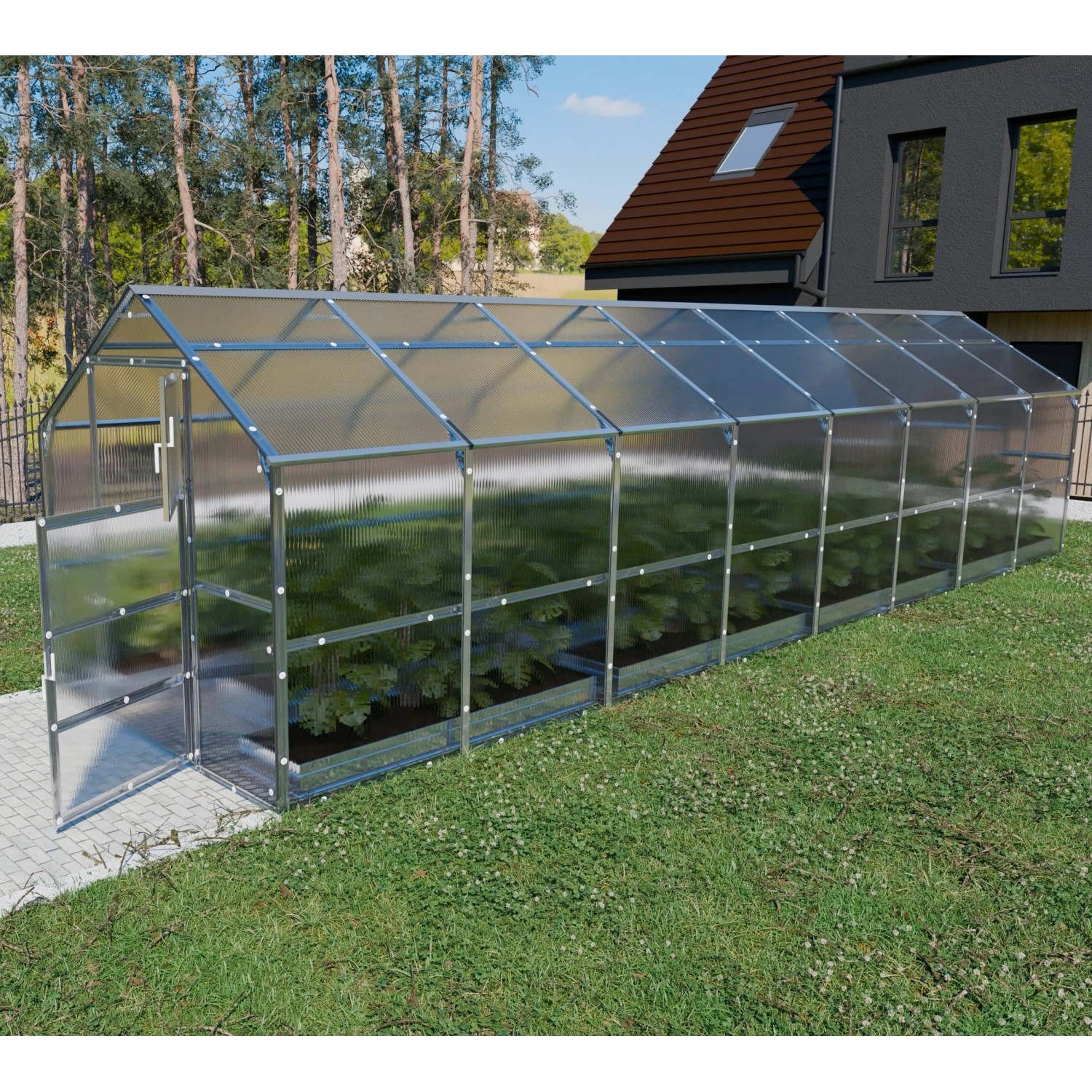 Großes Klasika Gewächshaus Bernard mit Polycarbonat-Abdeckung im Garten.