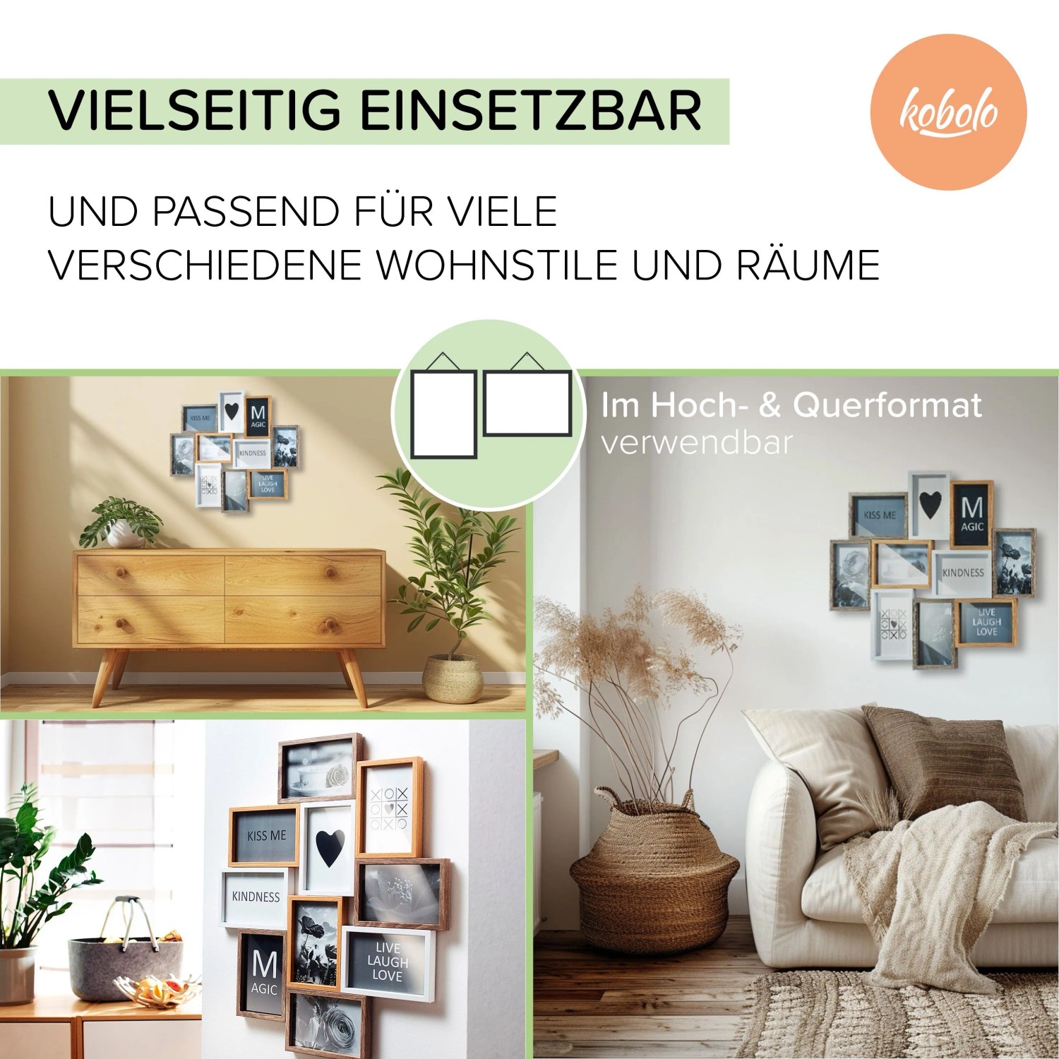 Kobolo Bilderrahmen Collage HEART Holz Weiß Natur 10 Bilder 59x47 cm_4