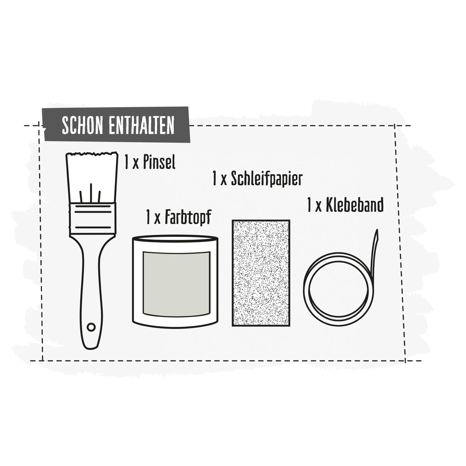 CREATE! by OBI DIY Farb-Set Wintergrau: Pinsel, Farbtopf, Schleifpapier und Klebeband.