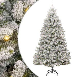 Künstlicher, grün-weißer Weihnachtsbaum (270 cm) mit Schnee, LED-Lichtern und rosa Kugeln.