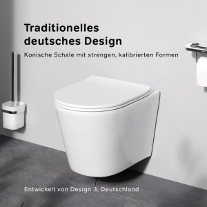 Modernes weißes Wand-WC Set mit geschlossenem Deckel und randlosem Design. Inklusive Bürstenhalter und Papierhalter. Für Bad & Gäste-WC.