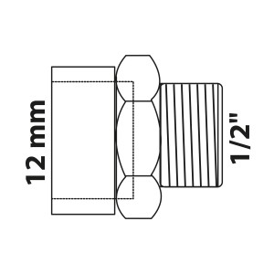 Skizze eines blanken Kirchhoff Übergangsnippels 12 mm x 21 mm (1/2 AG) mit Muffe.